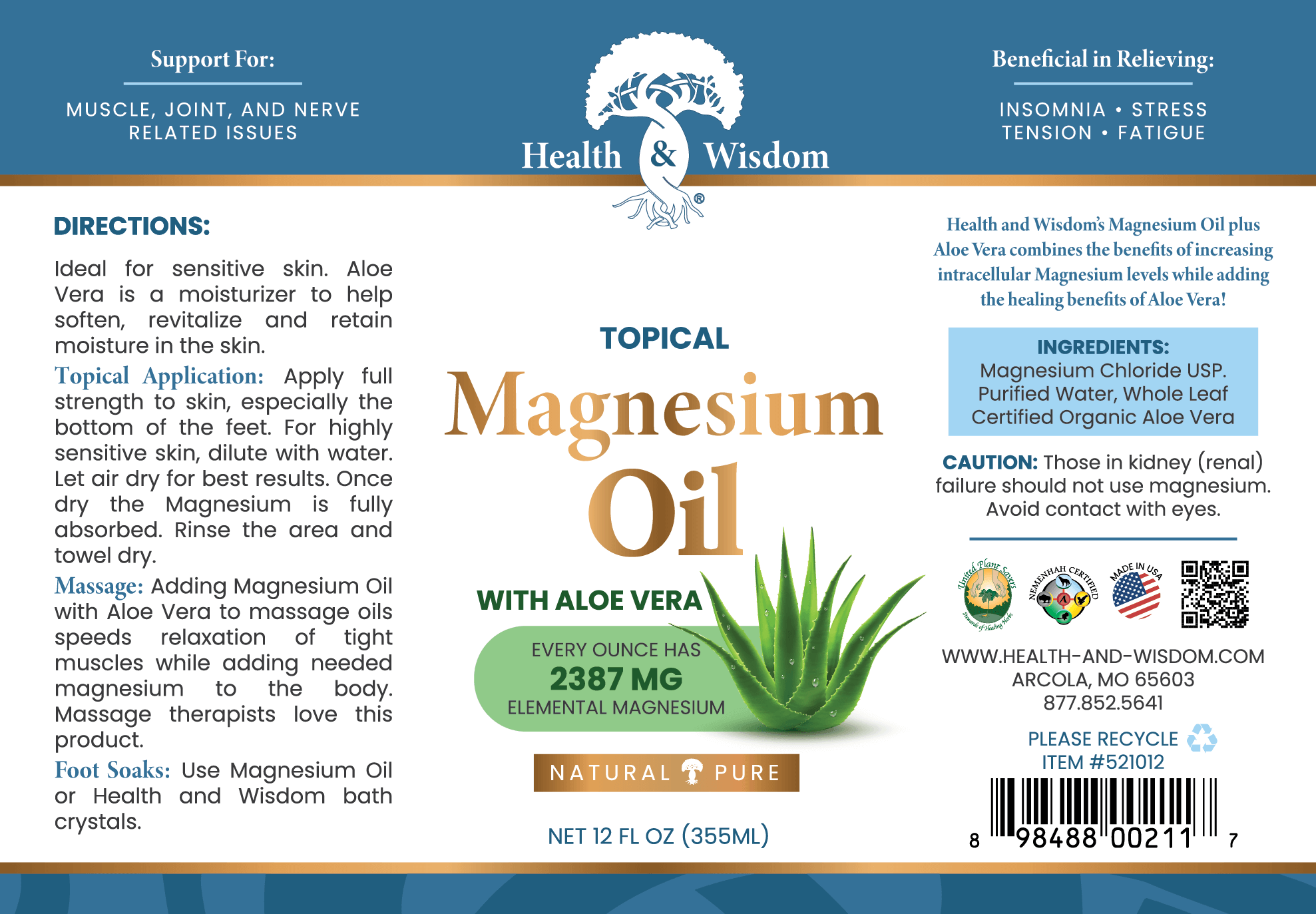 Magnesium Oil With Aloe 12 FL OZ Magnesium Oil With Aloe 12 FL OZ